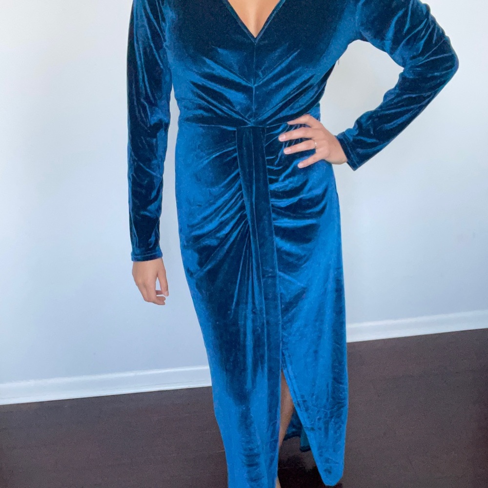 Blue velvet floor length dress